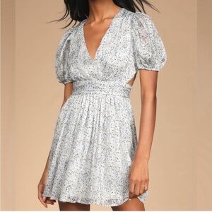 Lulus Budding Love White Floral Print Puff Sleeve Cutout Mini Dress